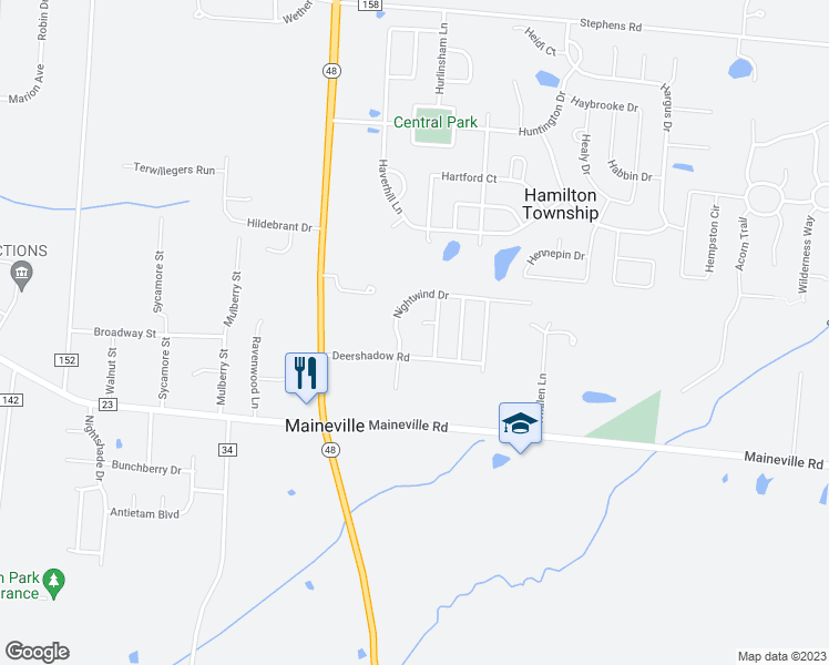 map of restaurants, bars, coffee shops, grocery stores, and more near 502 Fawn Court in Maineville