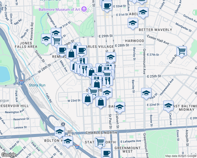map of restaurants, bars, coffee shops, grocery stores, and more near North Charles Street & East 25th Street in Baltimore