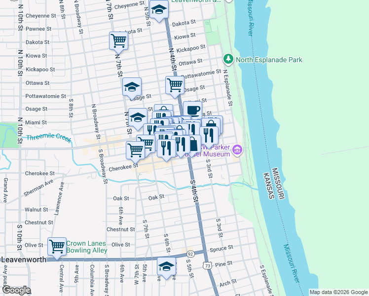 map of restaurants, bars, coffee shops, grocery stores, and more near 401 Delaware Street in Leavenworth