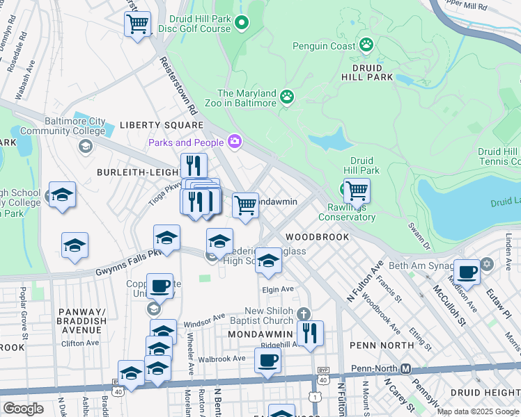 map of restaurants, bars, coffee shops, grocery stores, and more near 2605 Reisterstown Road in Baltimore