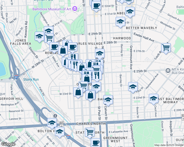 map of restaurants, bars, coffee shops, grocery stores, and more near 14 East 25th Street in Baltimore
