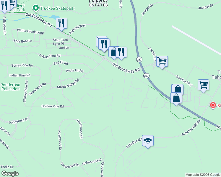 map of restaurants, bars, coffee shops, grocery stores, and more near 10165 Columbine Road in Truckee