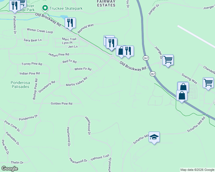 map of restaurants, bars, coffee shops, grocery stores, and more near 10240 Columbine Road in Truckee
