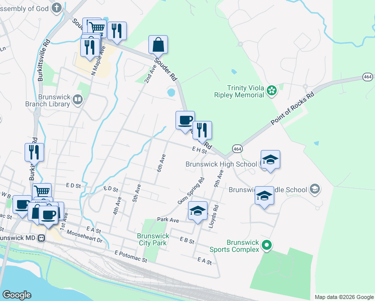 map of restaurants, bars, coffee shops, grocery stores, and more near 700 East H Street in Brunswick