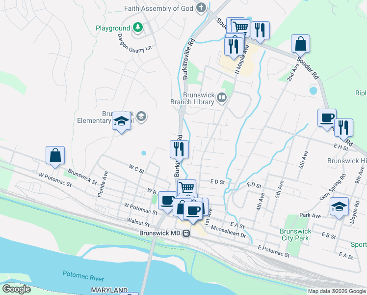 map of restaurants, bars, coffee shops, grocery stores, and more near 502 Petersville Road in Brunswick