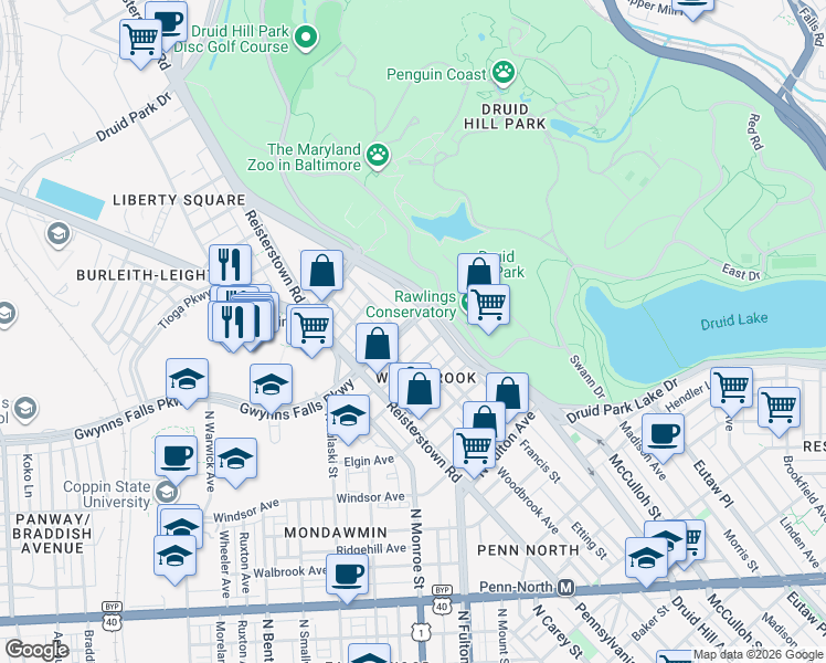 map of restaurants, bars, coffee shops, grocery stores, and more near 1609 Gwynns Falls Parkway in Baltimore