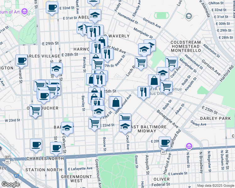 map of restaurants, bars, coffee shops, grocery stores, and more near 611 Saint Anns Avenue in Baltimore
