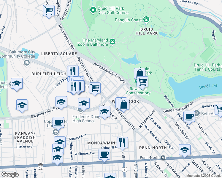 map of restaurants, bars, coffee shops, grocery stores, and more near 3401 Woodbrook Avenue in Baltimore