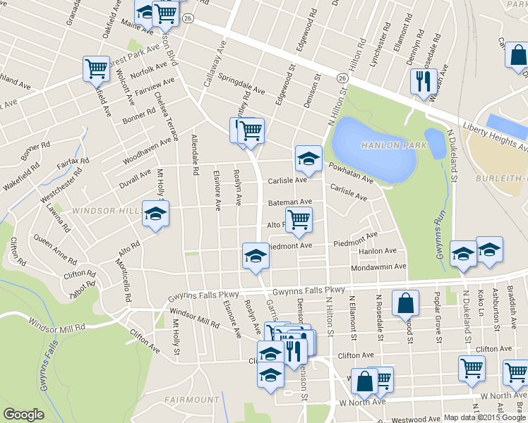 map of restaurants, bars, coffee shops, grocery stores, and more near 2601 Garrison Boulevard in Baltimore