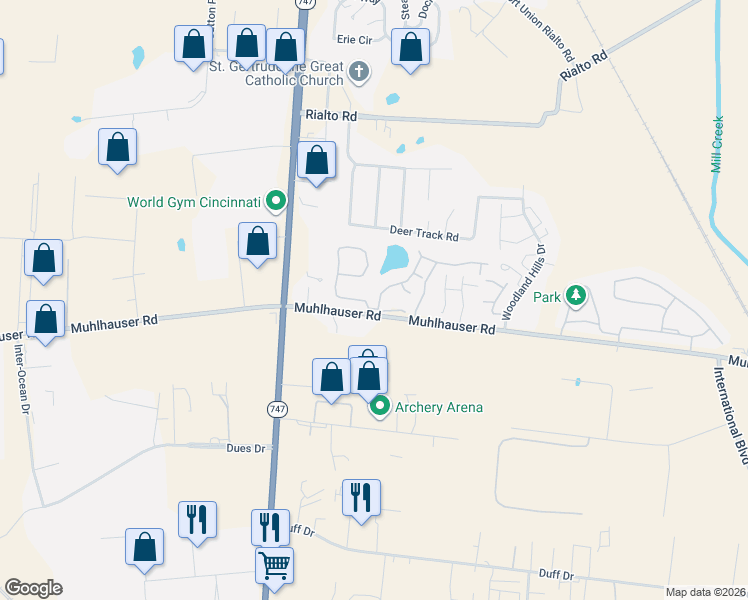 map of restaurants, bars, coffee shops, grocery stores, and more near 4916 Columbia Circle in Butler County