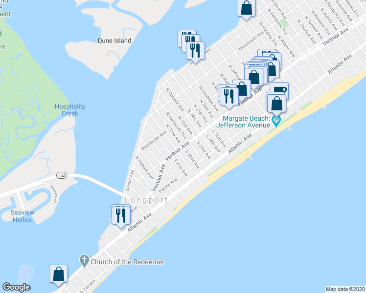map of restaurants, bars, coffee shops, grocery stores, and more near 2 North 32nd Avenue in Longport