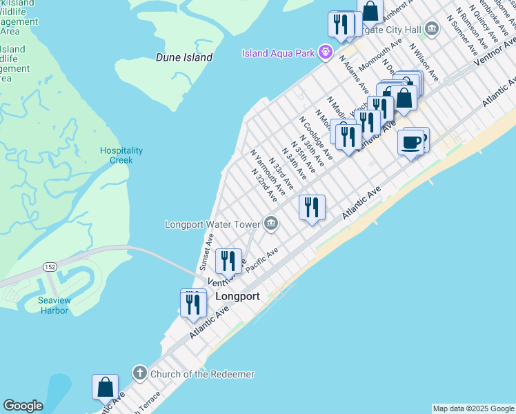 map of restaurants, bars, coffee shops, grocery stores, and more near 11 North 31st Avenue in Longport