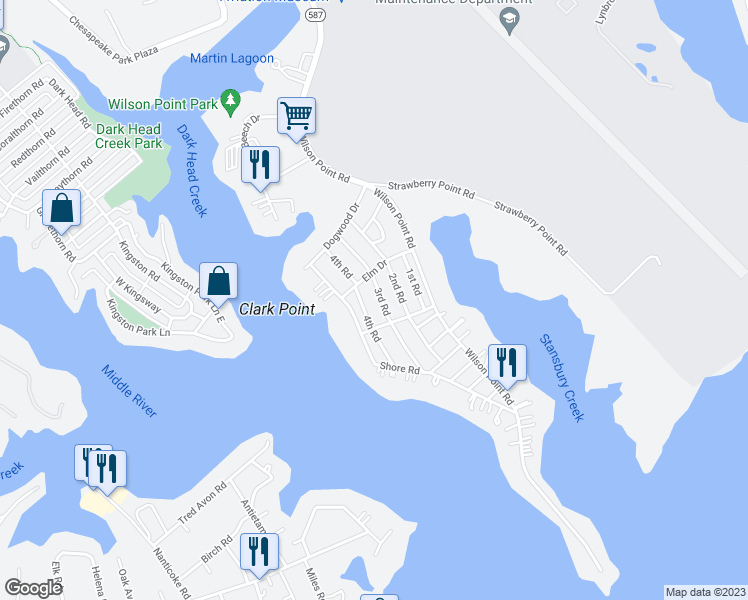 map of restaurants, bars, coffee shops, grocery stores, and more near 1310 3rd Road in Middle River