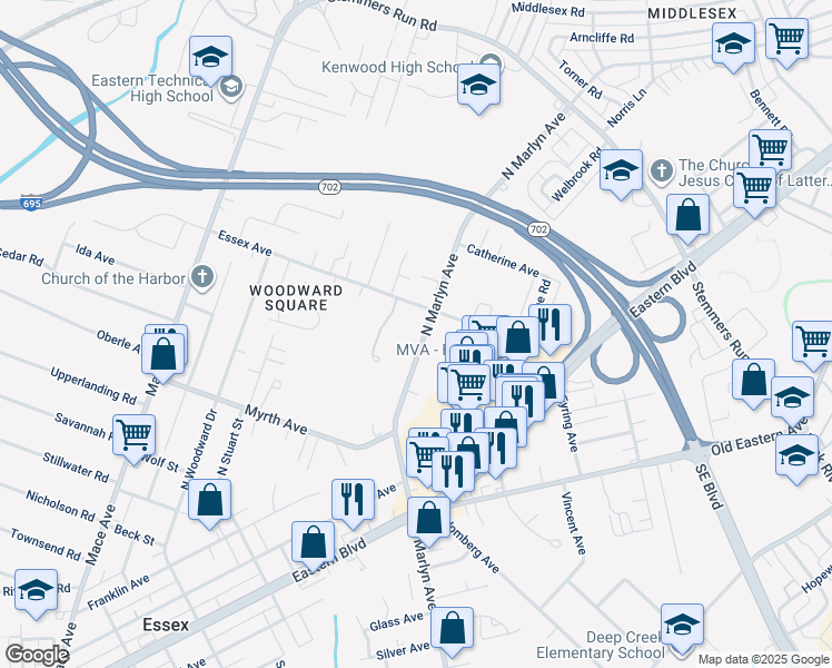 map of restaurants, bars, coffee shops, grocery stores, and more near 242 North Marlyn Avenue in Essex