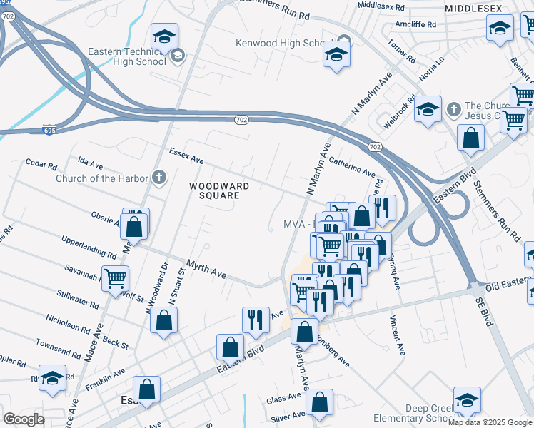 map of restaurants, bars, coffee shops, grocery stores, and more near 212 Vale Crest Ct in Essex