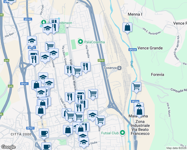 map of restaurants, bars, coffee shops, grocery stores, and more near 252 Via Popilia in Cosenza