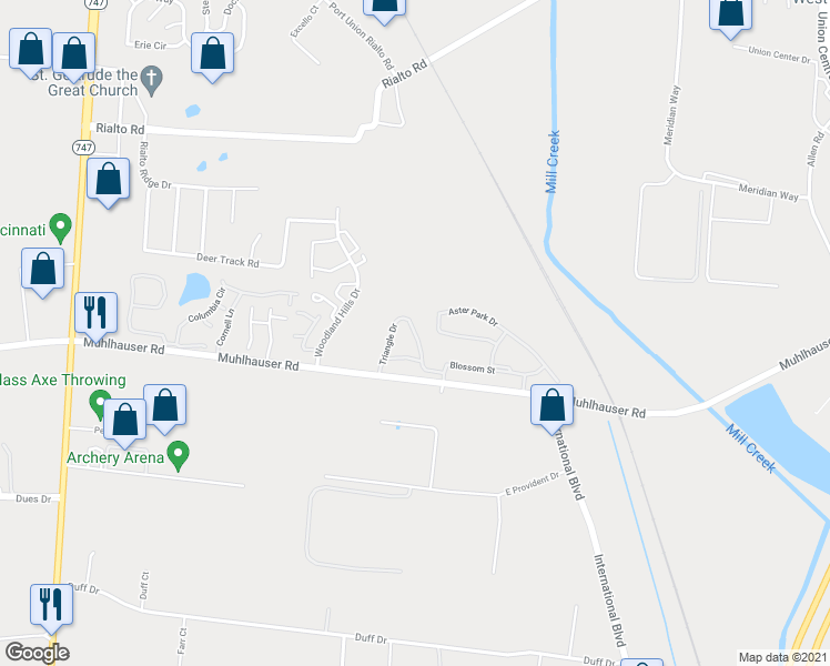 map of restaurants, bars, coffee shops, grocery stores, and more near 9516 Triangle Drive in Butler County