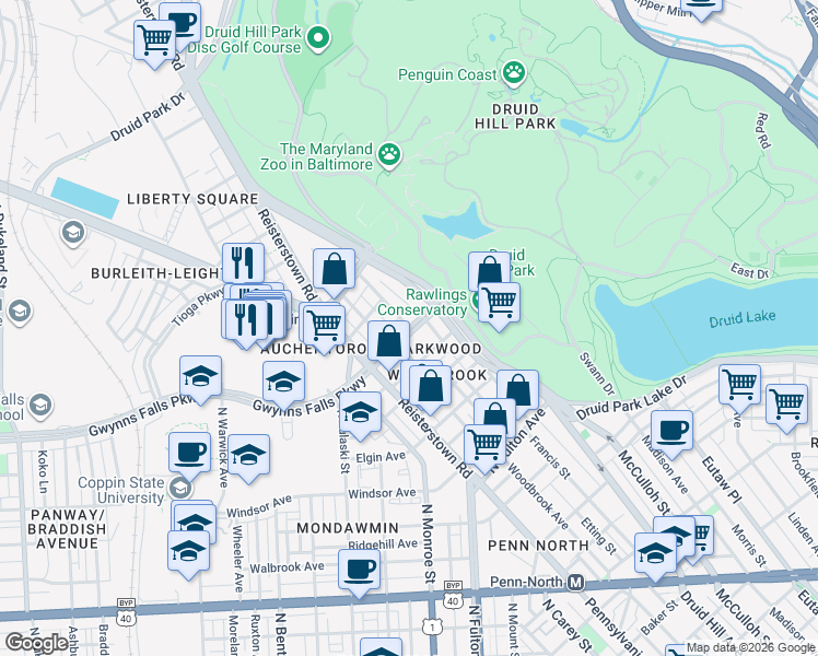 map of restaurants, bars, coffee shops, grocery stores, and more near Gwynns Falls Pkwy & Holmes Ave in Baltimore