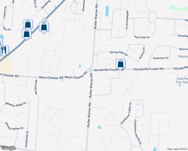 map of restaurants, bars, coffee shops, grocery stores, and more near 8270 Butler Warren Road in Mason