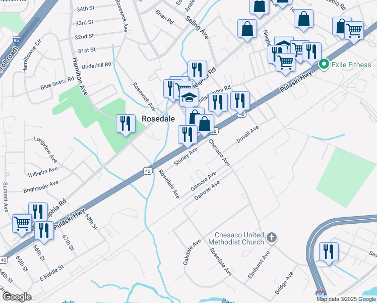 map of restaurants, bars, coffee shops, grocery stores, and more near 7931 Pulaski Highway in Rosedale