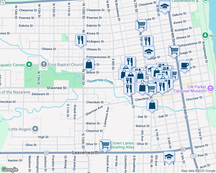 map of restaurants, bars, coffee shops, grocery stores, and more near 812 Shawnee Street in Leavenworth