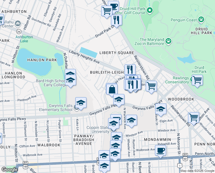 map of restaurants, bars, coffee shops, grocery stores, and more near 3112 Tioga Parkway in Baltimore