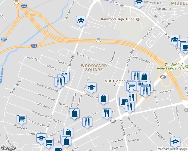 map of restaurants, bars, coffee shops, grocery stores, and more near 28 Francis Green Circle in Essex