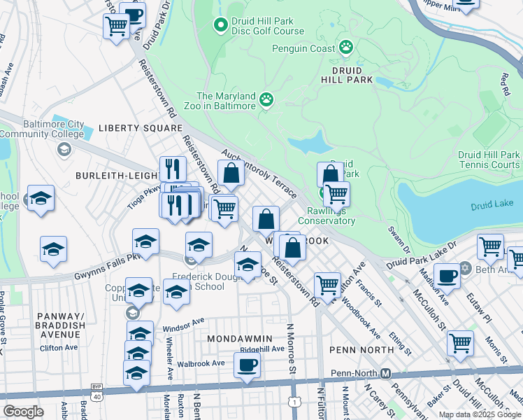map of restaurants, bars, coffee shops, grocery stores, and more near 3403 Woodbrook Avenue in Baltimore