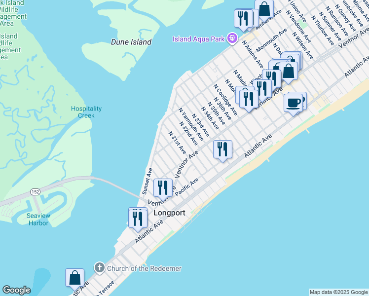 map of restaurants, bars, coffee shops, grocery stores, and more near 11 North 31st Avenue in Longport