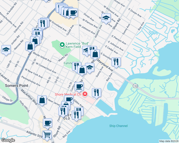 map of restaurants, bars, coffee shops, grocery stores, and more near 542 Shore Road in Somers Point