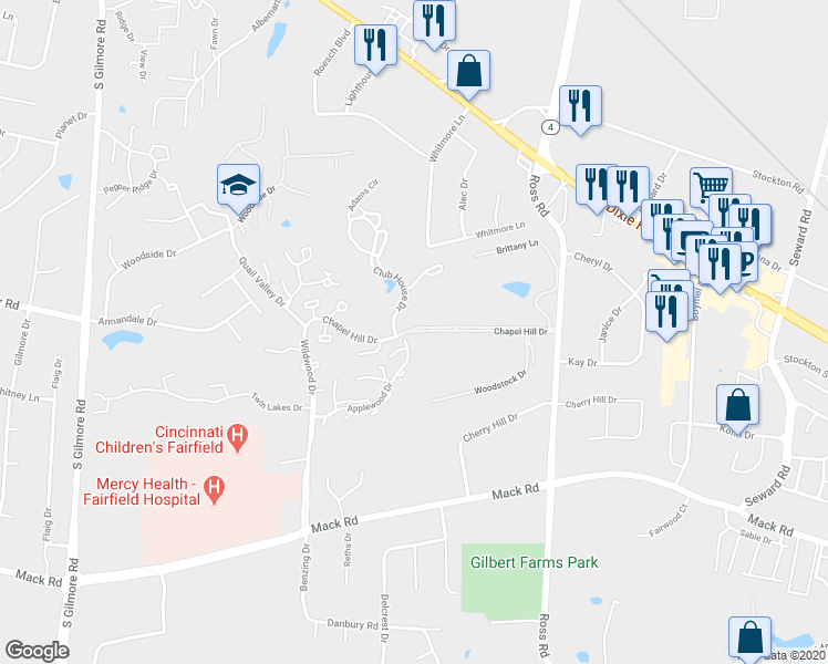 map of restaurants, bars, coffee shops, grocery stores, and more near 79 Chapel Hill Drive in Fairfield