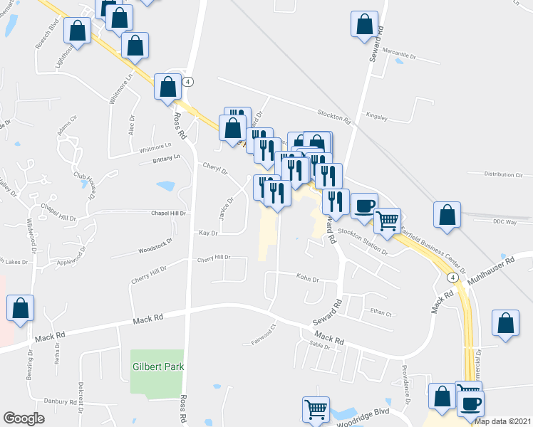 map of restaurants, bars, coffee shops, grocery stores, and more near 5953 Boymel Drive in Fairfield