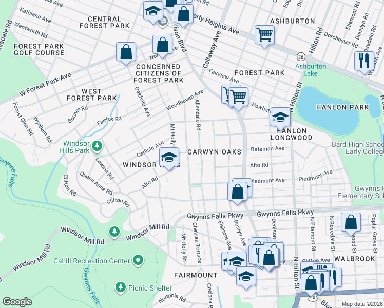 map of restaurants, bars, coffee shops, grocery stores, and more near 2613 Chelsea Terrace in Baltimore