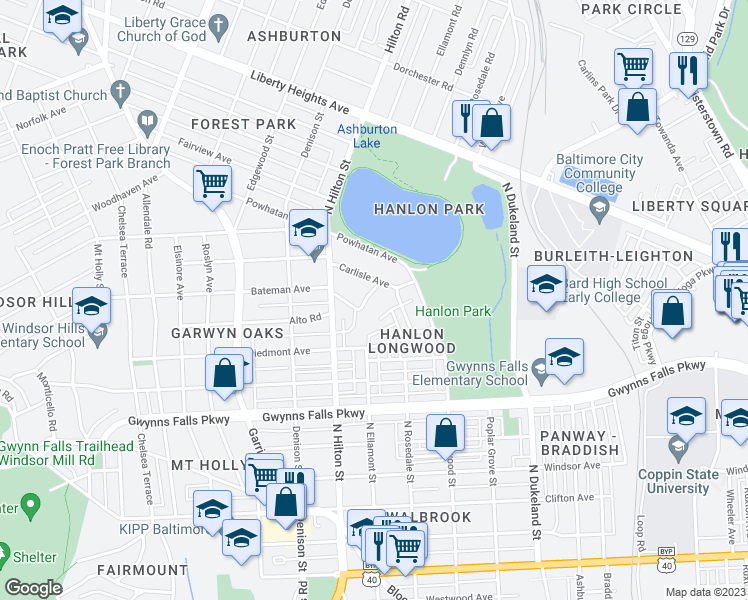 map of restaurants, bars, coffee shops, grocery stores, and more near 3207 Vickers Road in Baltimore