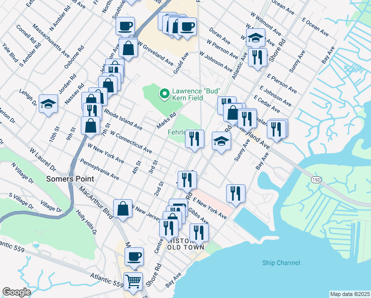 map of restaurants, bars, coffee shops, grocery stores, and more near 512 3rd Street in Somers Point
