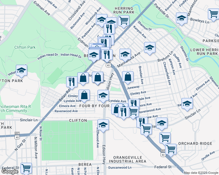 map of restaurants, bars, coffee shops, grocery stores, and more near 2923 Edison Highway in Baltimore