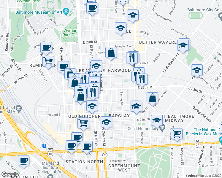 map of restaurants, bars, coffee shops, grocery stores, and more near E 25th St & Guilford Ave in Baltimore