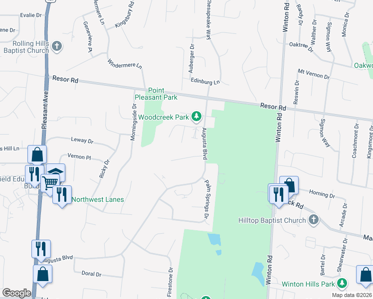 map of restaurants, bars, coffee shops, grocery stores, and more near 2080 Woodtrail Drive in Fairfield