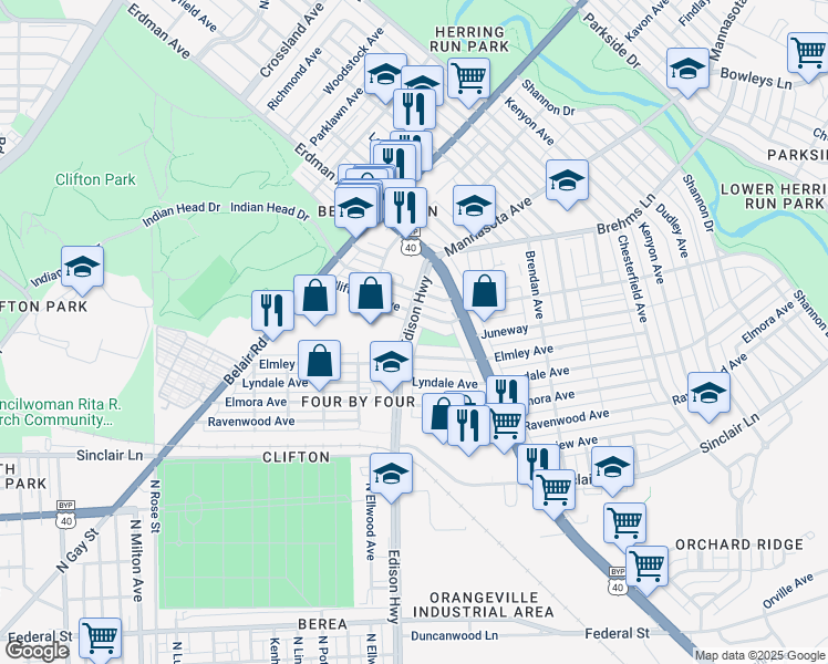 map of restaurants, bars, coffee shops, grocery stores, and more near 2923 Edison Highway in Baltimore