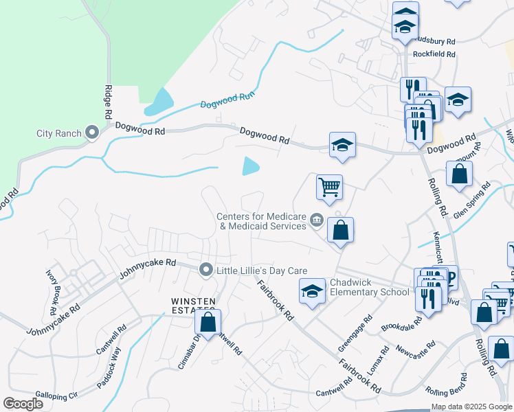 map of restaurants, bars, coffee shops, grocery stores, and more near 7622 Fairbrook Road in Woodlawn