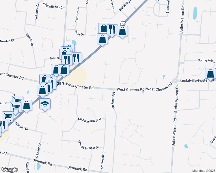 map of restaurants, bars, coffee shops, grocery stores, and more near 8040 West Chester Road in Butler County
