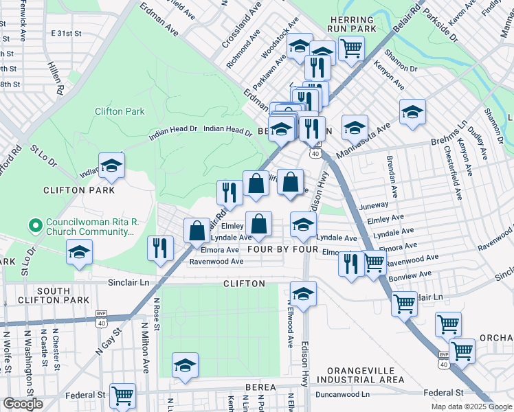 map of restaurants, bars, coffee shops, grocery stores, and more near 2401 Belair Road in Baltimore