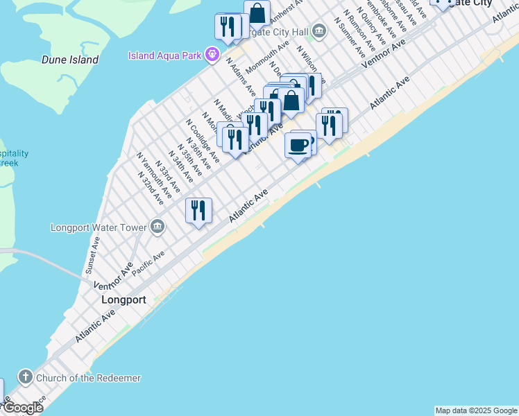 map of restaurants, bars, coffee shops, grocery stores, and more near 9705 Beach Avenue in Margate City