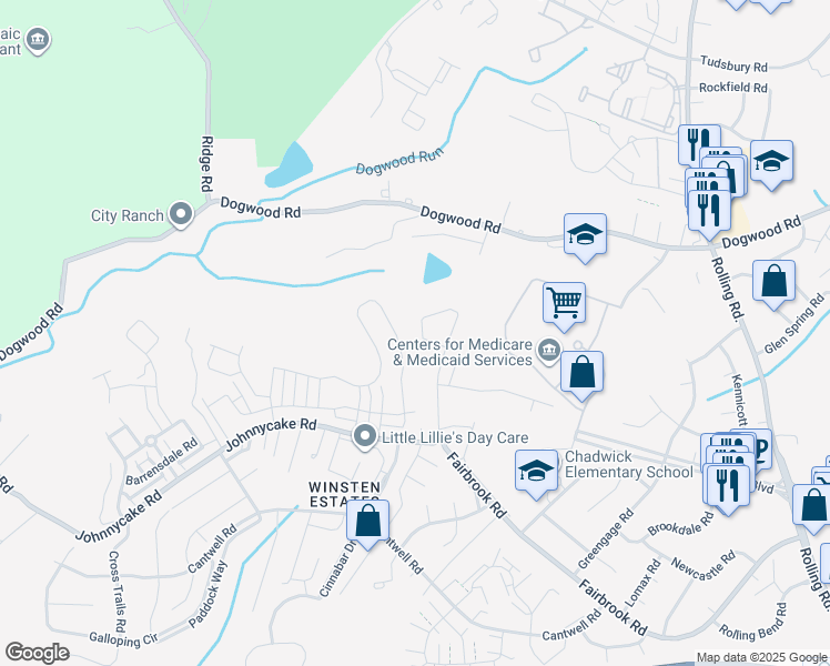 map of restaurants, bars, coffee shops, grocery stores, and more near 7329 Granite Woods Court in Woodlawn