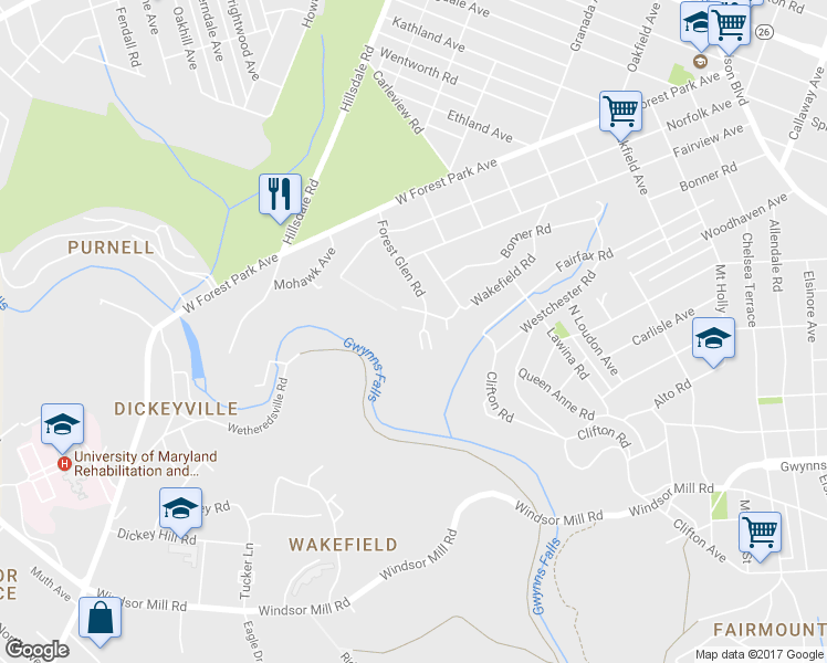 map of restaurants, bars, coffee shops, grocery stores, and more near 2650 Forest Glen Road in Baltimore
