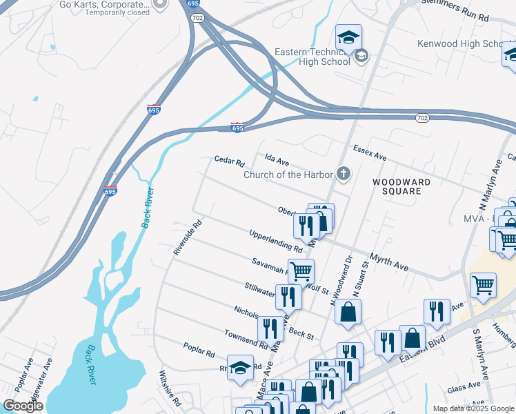 map of restaurants, bars, coffee shops, grocery stores, and more near 325 Oberle Avenue in Essex