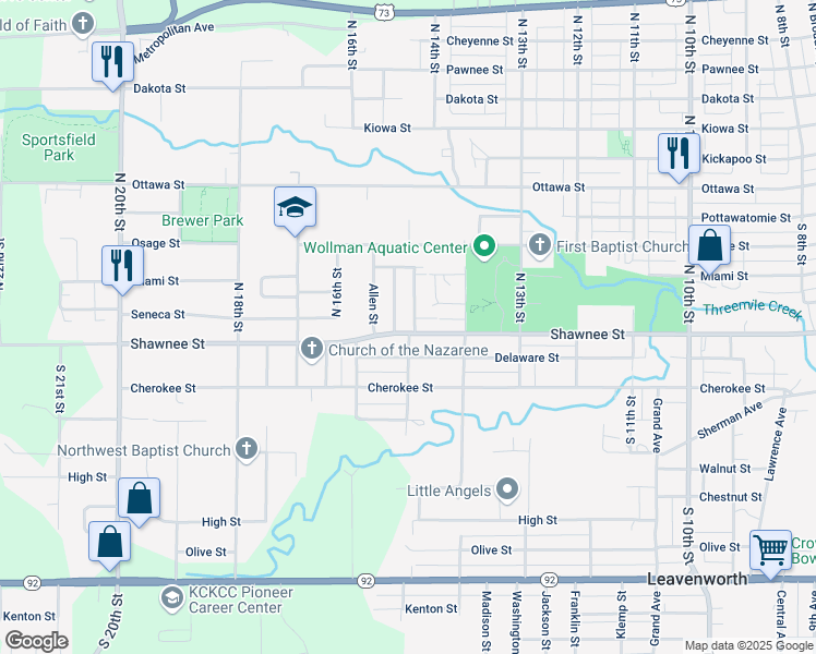 map of restaurants, bars, coffee shops, grocery stores, and more near 1500 Shawnee Street in Leavenworth