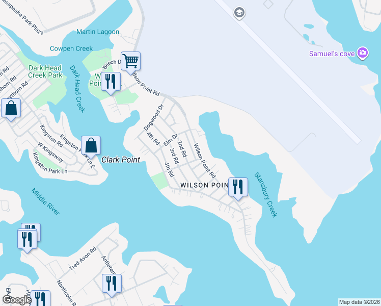 map of restaurants, bars, coffee shops, grocery stores, and more near 1318 1st Road in Middle River
