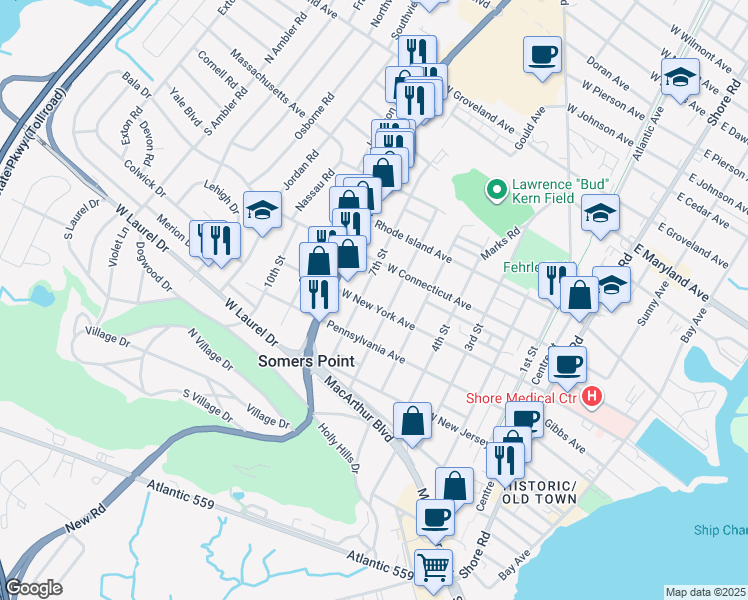 map of restaurants, bars, coffee shops, grocery stores, and more near 615 West New York Avenue in Somers Point