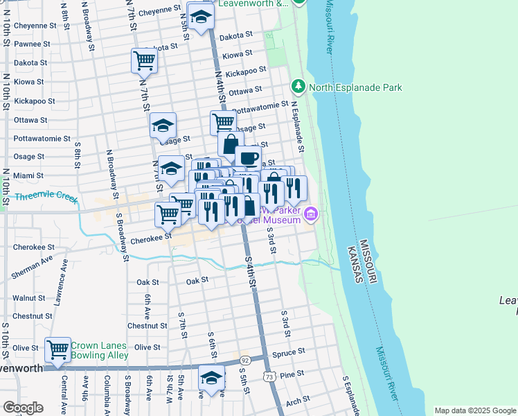map of restaurants, bars, coffee shops, grocery stores, and more near 309 Delaware Street in Leavenworth